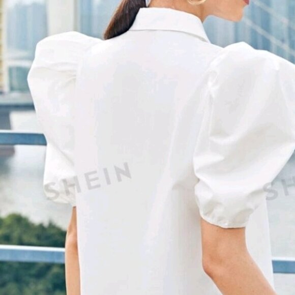 Puff Sleeve Half Button Bow Front Crop Top - Picture 8 of 8